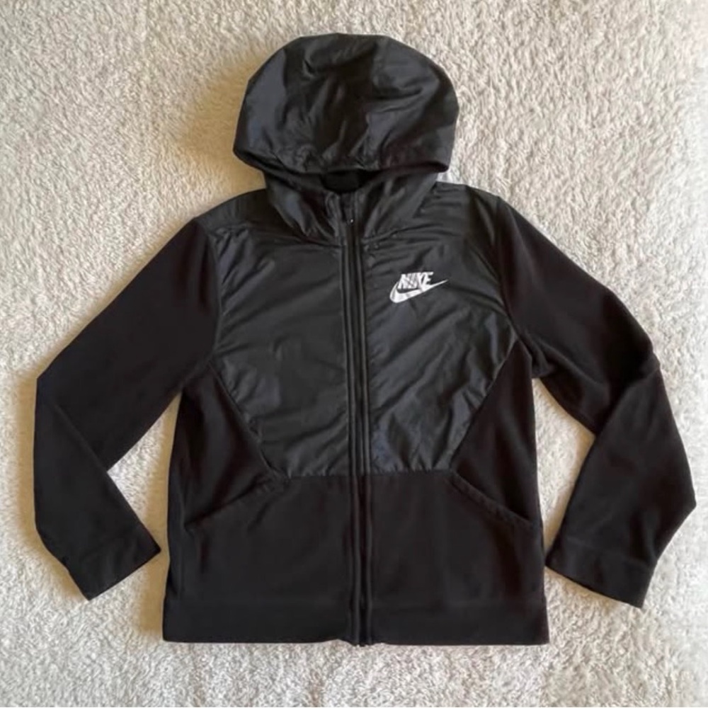 Nike Black Hooded Full Zip Kids Youth Boys Fleece Jacket White Logo XL